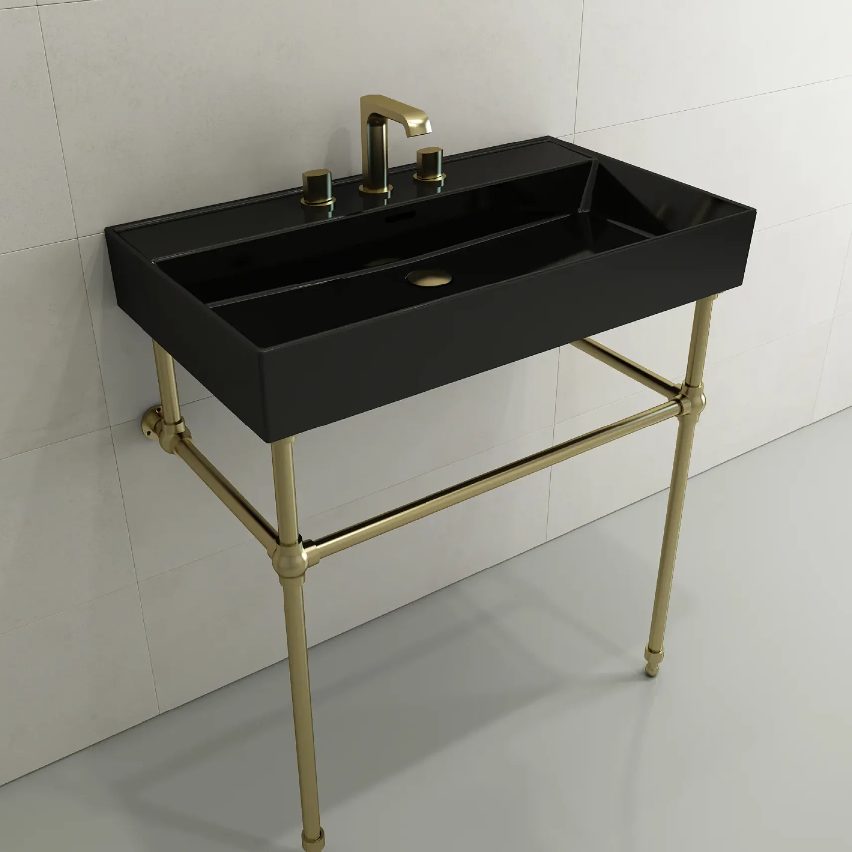 BOCCHI Milano 32" Rectangle Wallmount Fireclay Bathroom Sink, Black, 3 Faucet Hole, 1377-005-0127