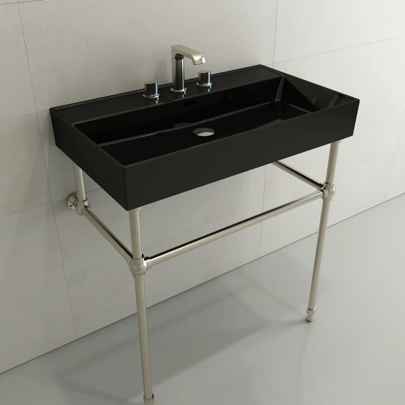 BOCCHI Milano 32" Rectangle Wallmount Fireclay Bathroom Sink, Black, 3 Faucet Hole, 1377-005-0127