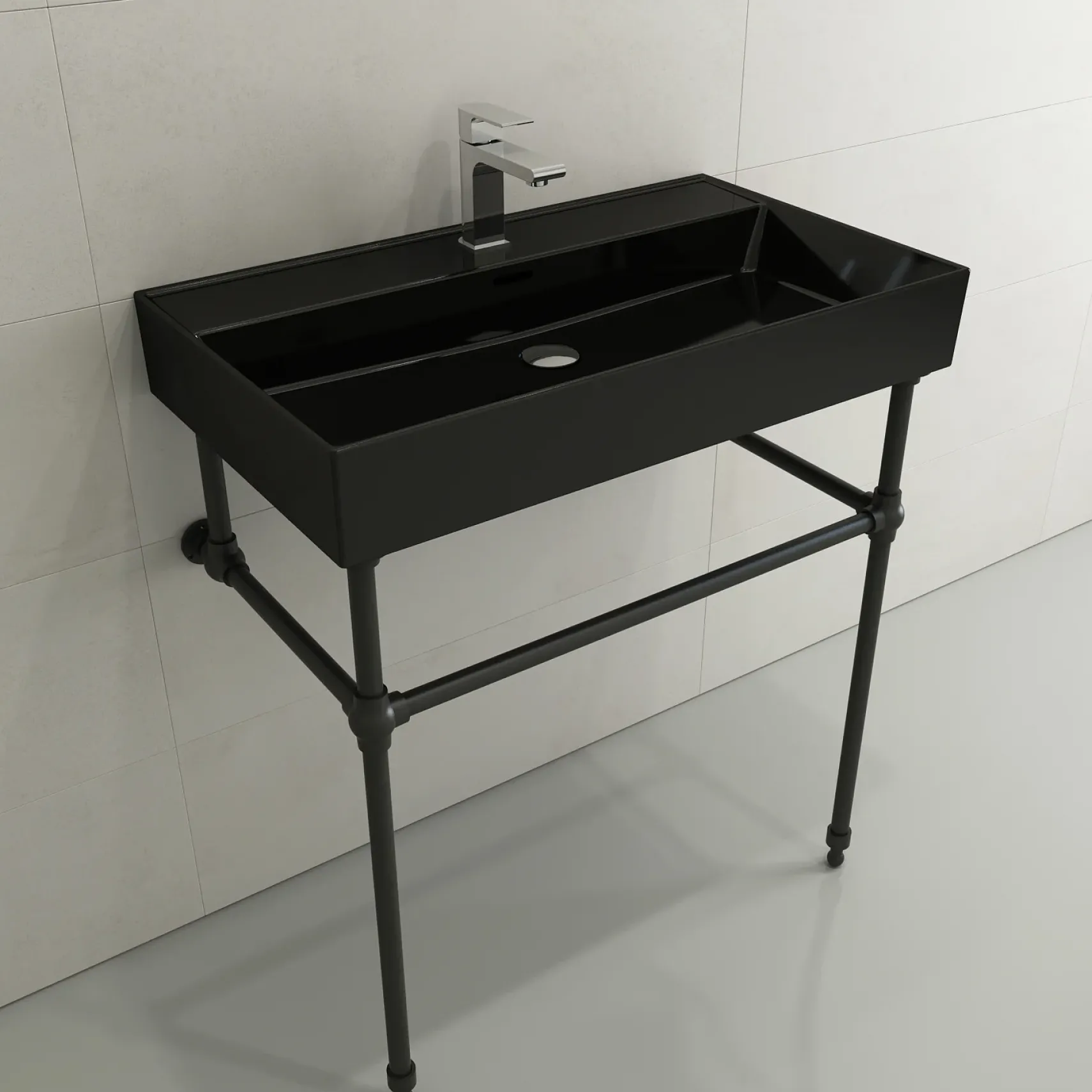 BOCCHI Milano 32" Rectangle Wallmount Fireclay Bathroom Sink, Black, Single Faucet Hole, 1377-005-0126