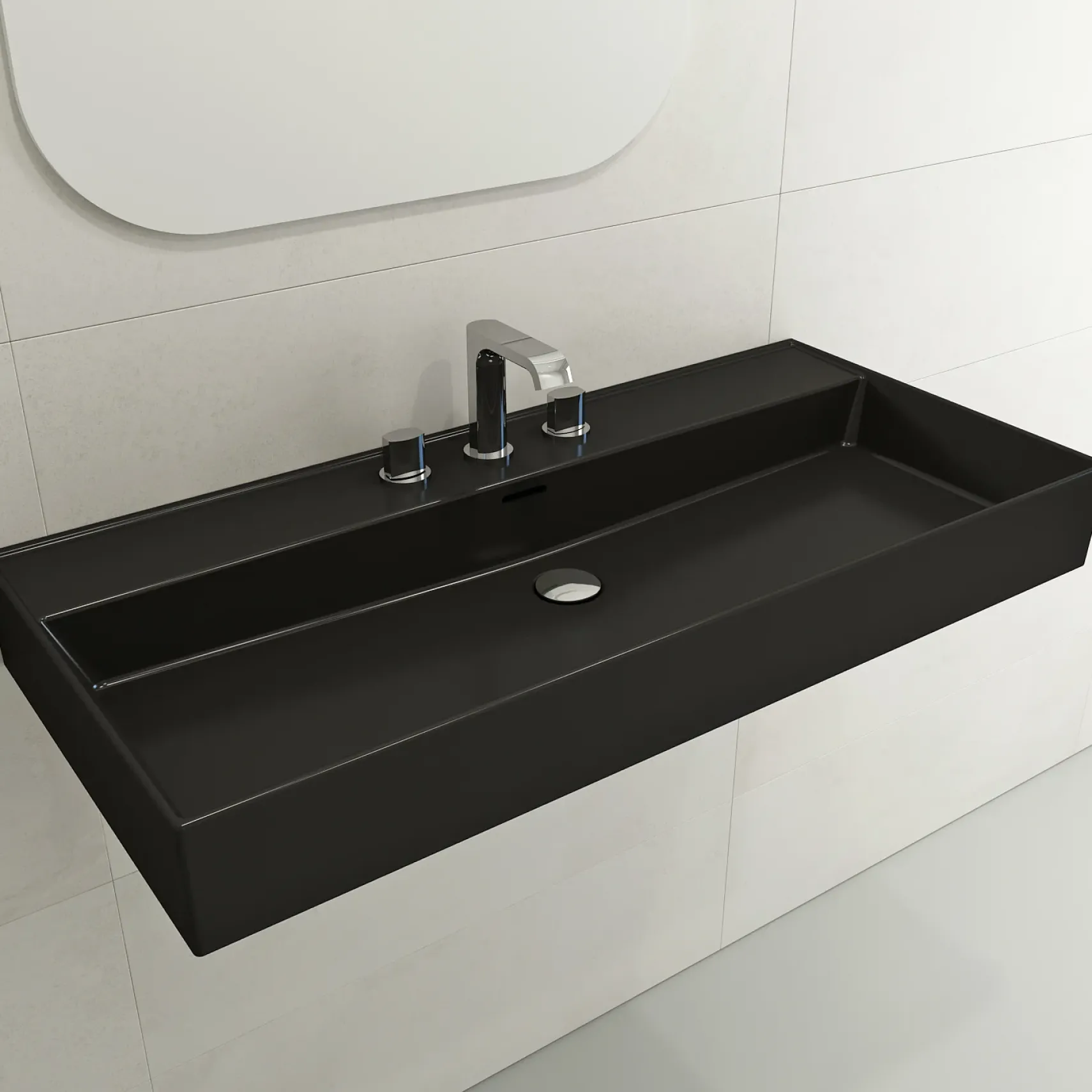 BOCCHI Milano 40" Rectangle Wallmount Fireclay Bathroom Sink, Matte Black, 3 Faucet Hole, 1378-004-0127