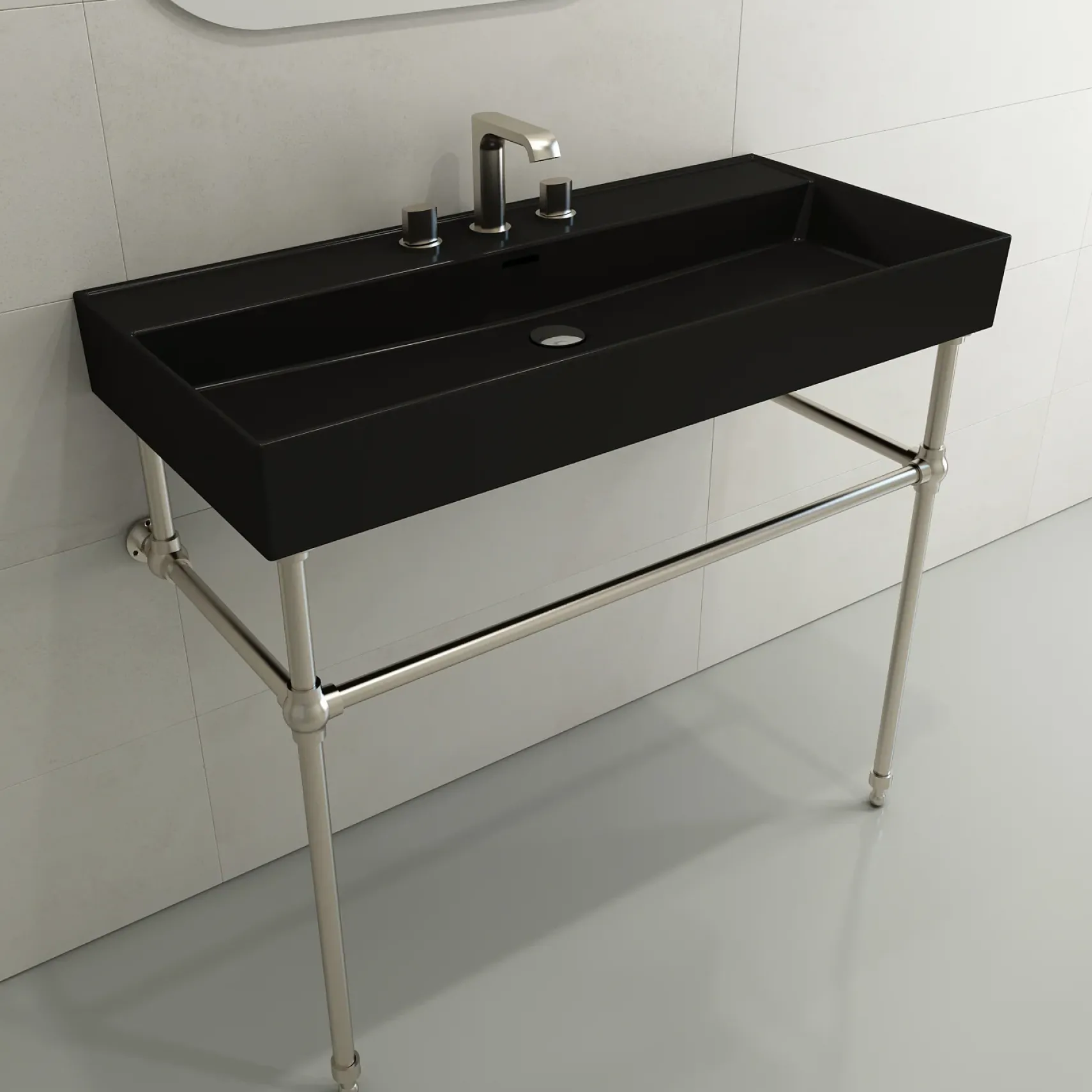 BOCCHI Milano 40" Rectangle Wallmount Fireclay Bathroom Sink, Matte Black, 3 Faucet Hole, 1378-004-0127