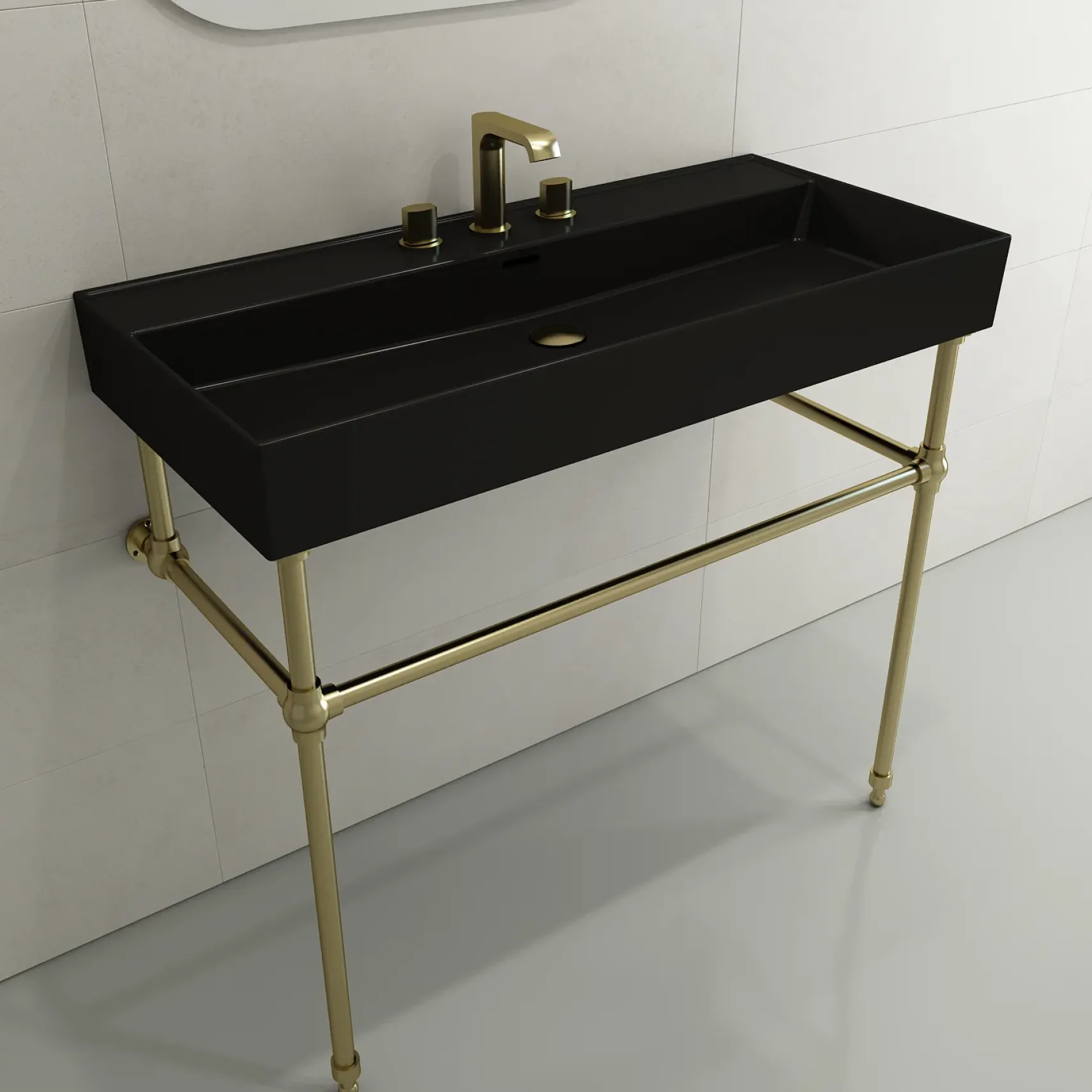 BOCCHI Milano 40" Rectangle Wallmount Fireclay Bathroom Sink, Matte Black, 3 Faucet Hole, 1378-004-0127