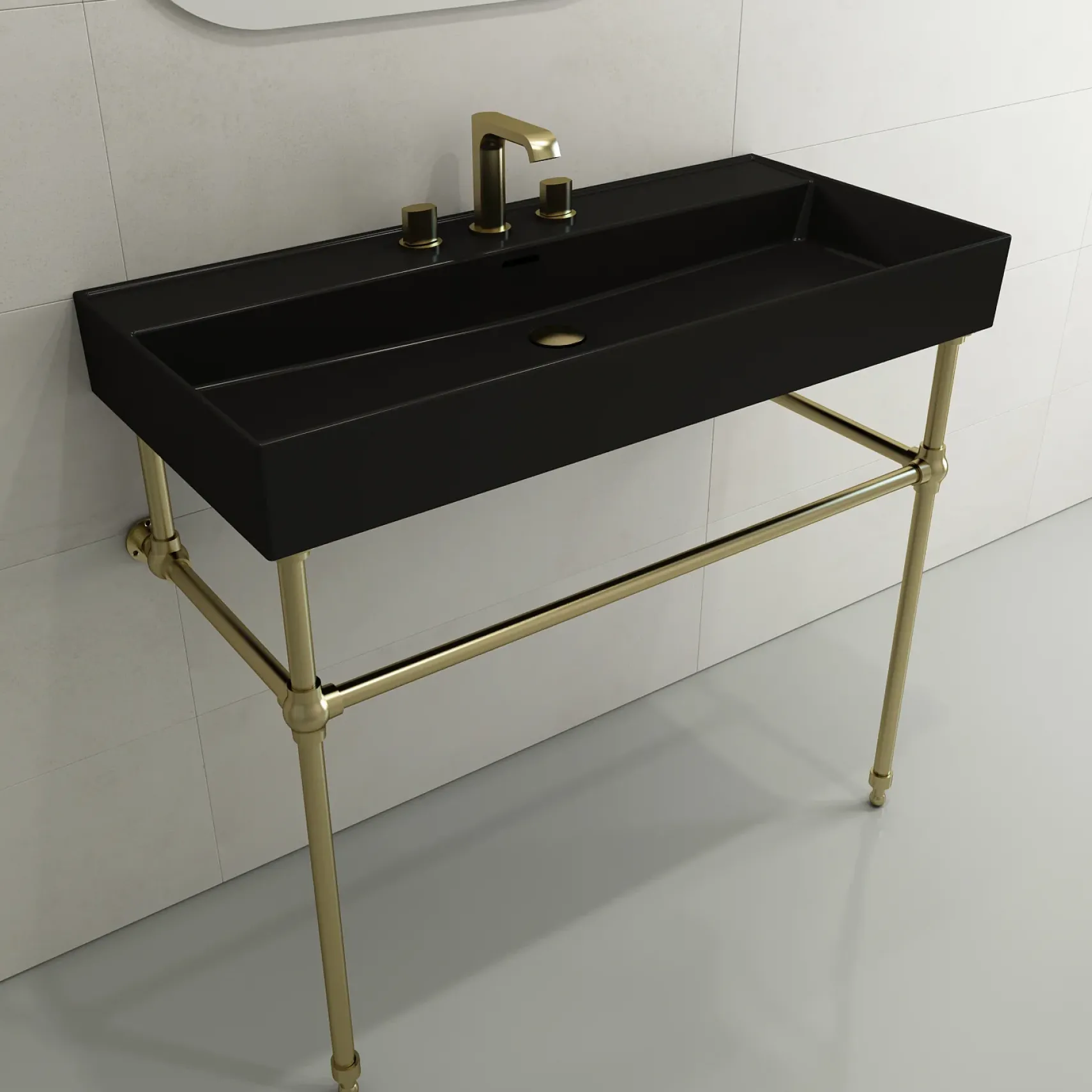 BOCCHI Milano 40" Rectangle Wallmount Fireclay Bathroom Sink, Matte Black, 3 Faucet Hole, 1378-004-0127