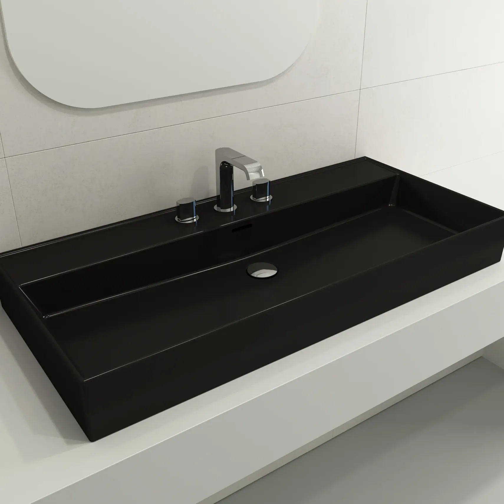 BOCCHI Milano 40" Rectangle Wallmount Fireclay Bathroom Sink, Matte Black, 3 Faucet Hole, 1378-004-0127