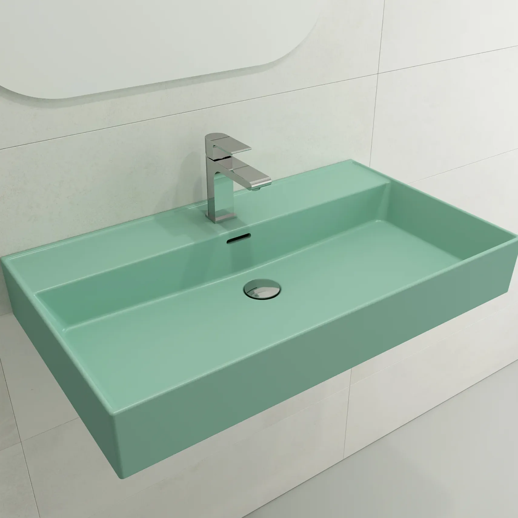 BOCCHI Milano 32" Rectangle Wallmount Fireclay Bathroom Sink, Matte Mint Green, Single Faucet Hole, 1377-033-0126