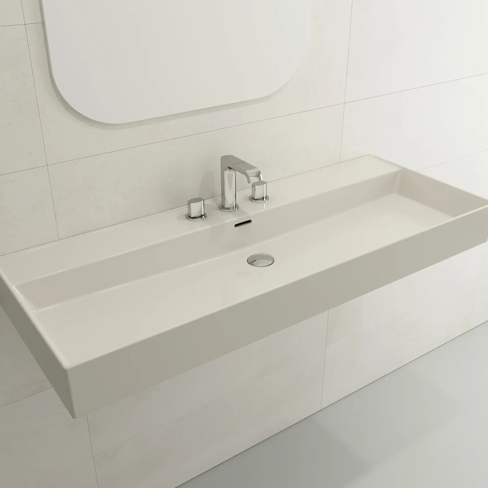 BOCCHI Milano 48" Rectangle Wallmount Fireclay Bathroom Sink, Biscuit, 3 Faucet Hole, 1394-014-0127