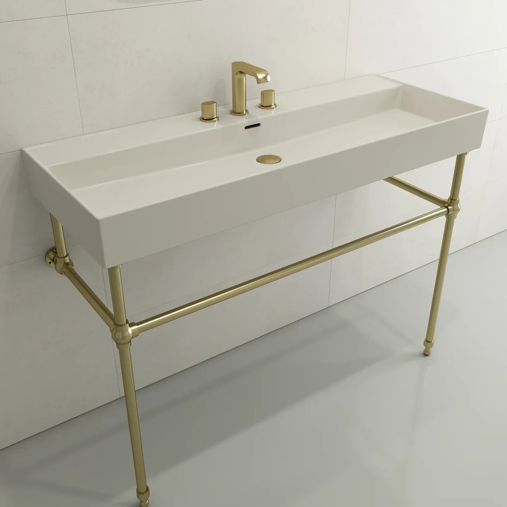 BOCCHI Milano 48" Rectangle Wallmount Fireclay Bathroom Sink, Biscuit, 3 Faucet Hole, 1394-014-0127