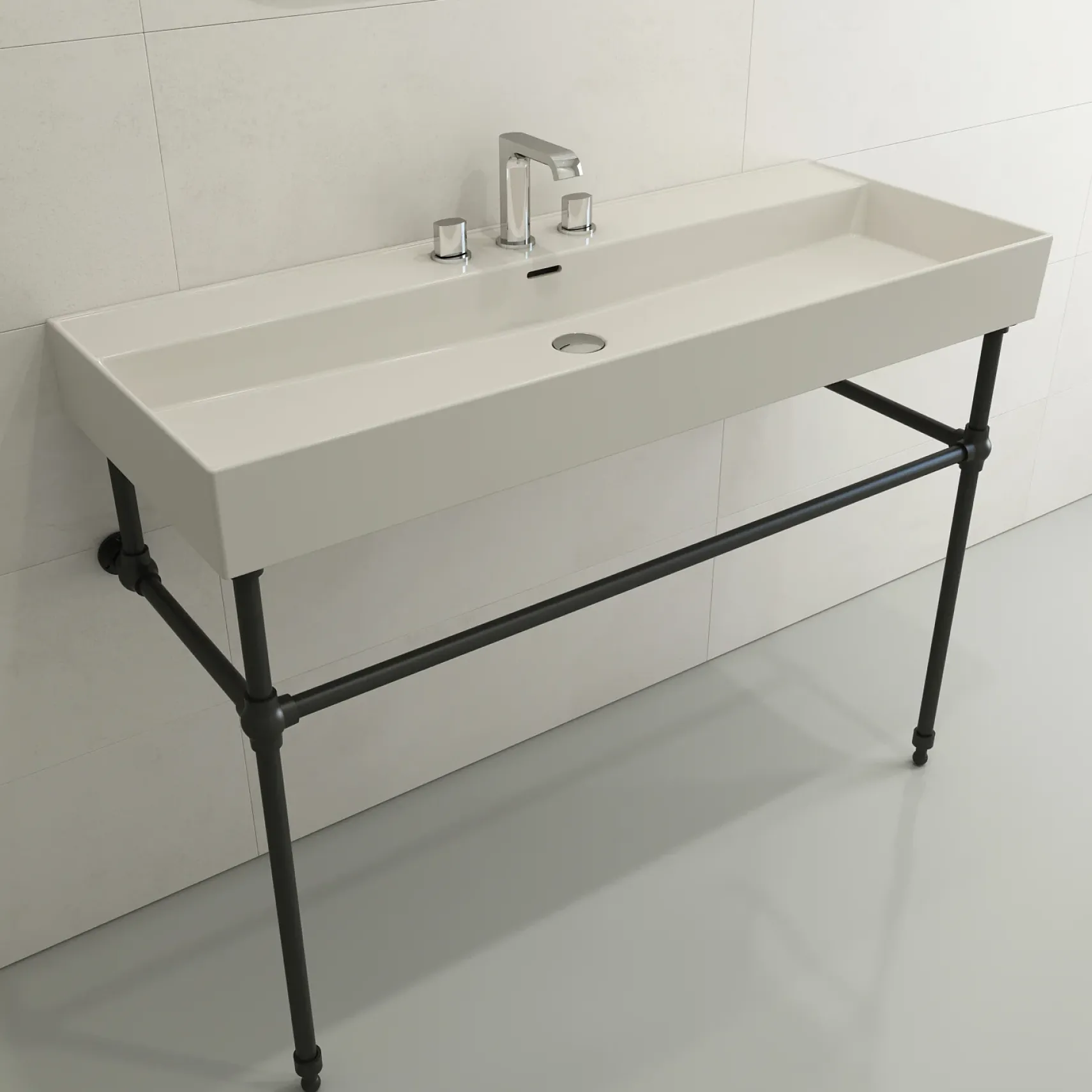 BOCCHI Milano 48" Rectangle Wallmount Fireclay Bathroom Sink, Biscuit, 3 Faucet Hole, 1394-014-0127
