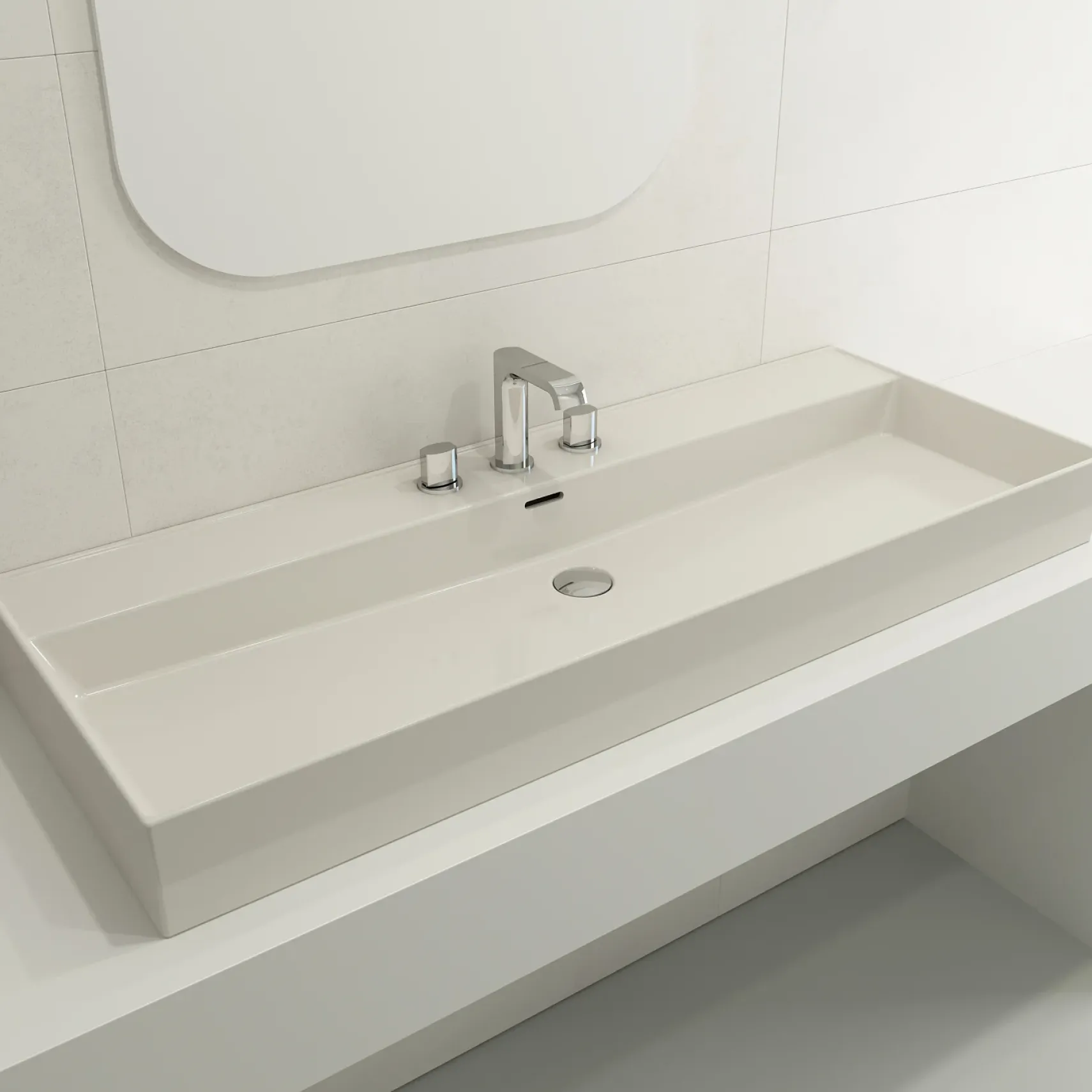 BOCCHI Milano 48" Rectangle Wallmount Fireclay Bathroom Sink, Biscuit, 3 Faucet Hole, 1394-014-0127