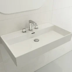 BOCCHI Milano 32" Rectangle Wallmount Fireclay Bathroom Sink, White, 3 Faucet Hole, 1377-001-0127