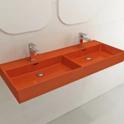 BOCCHI Milano 48" Rectangle Wallmount Fireclay Bathroom Sink, Double Basin, Orange, Single Faucet Hole, 1393-012-0132