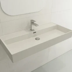 BOCCHI Milano 40" Rectangle Wallmount Fireclay Bathroom Sink, Biscuit, Single Faucet Hole, 1378-014-0126