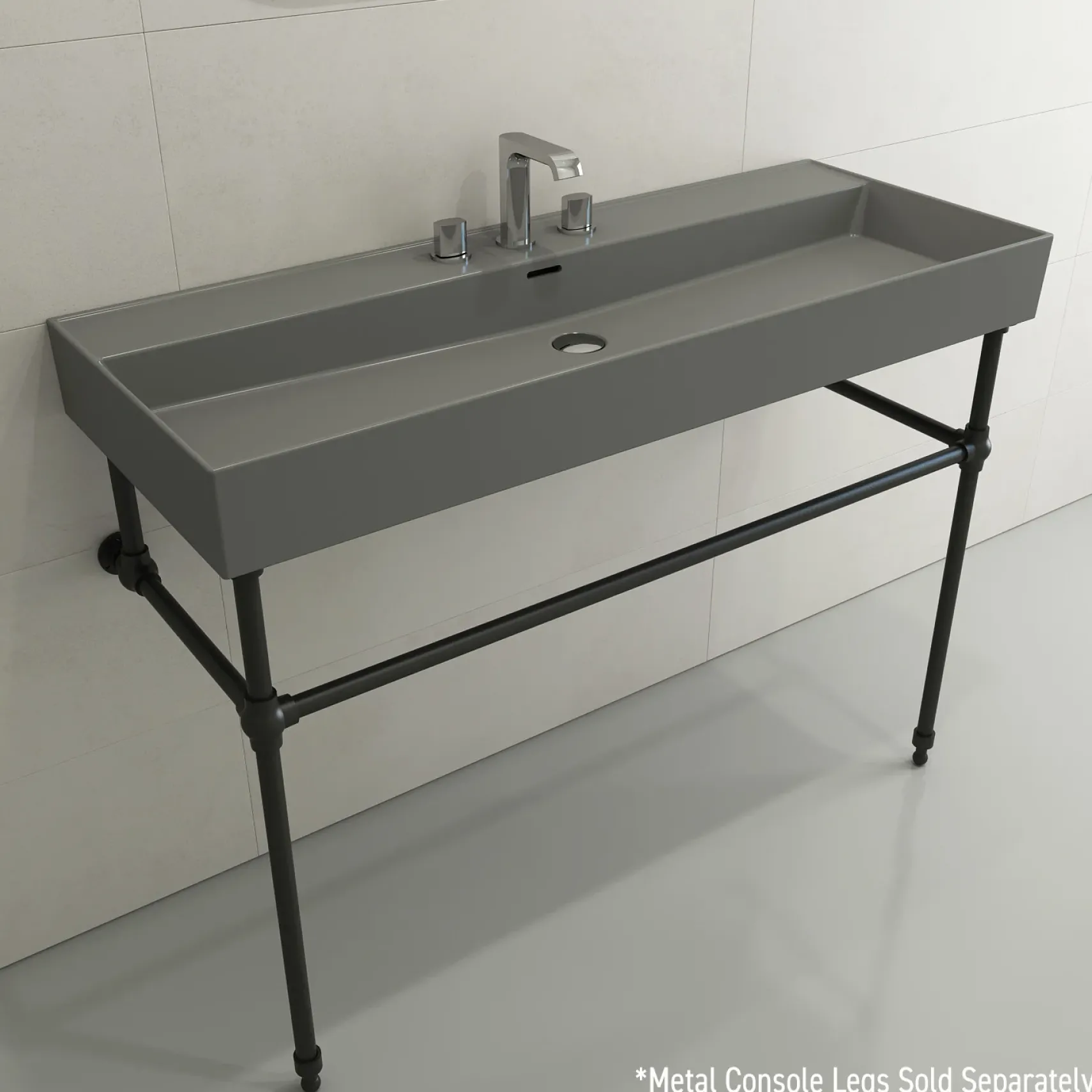 BOCCHI Milano 48" Rectangle Wallmount Fireclay Bathroom Sink, Matte Gray, 3 Faucet Hole, 1394-006-0127