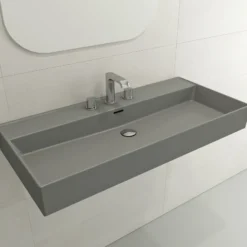 BOCCHI Milano 40" Rectangle Wallmount Fireclay Bathroom Sink, Matte Gray, 3 Faucet Hole, 1378-006-0127
