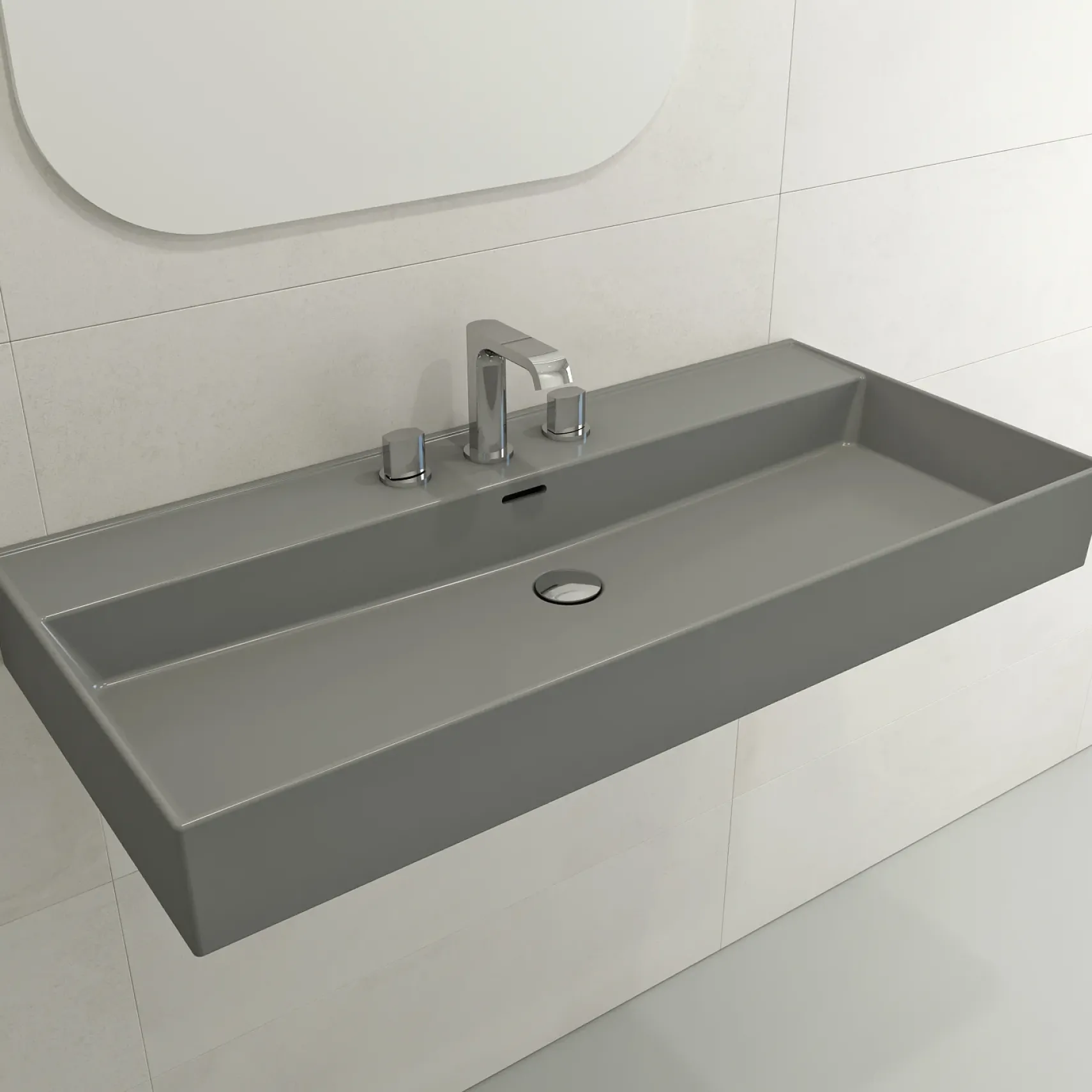 BOCCHI Milano 40" Rectangle Wallmount Fireclay Bathroom Sink, Matte Gray, 3 Faucet Hole, 1378-006-0127