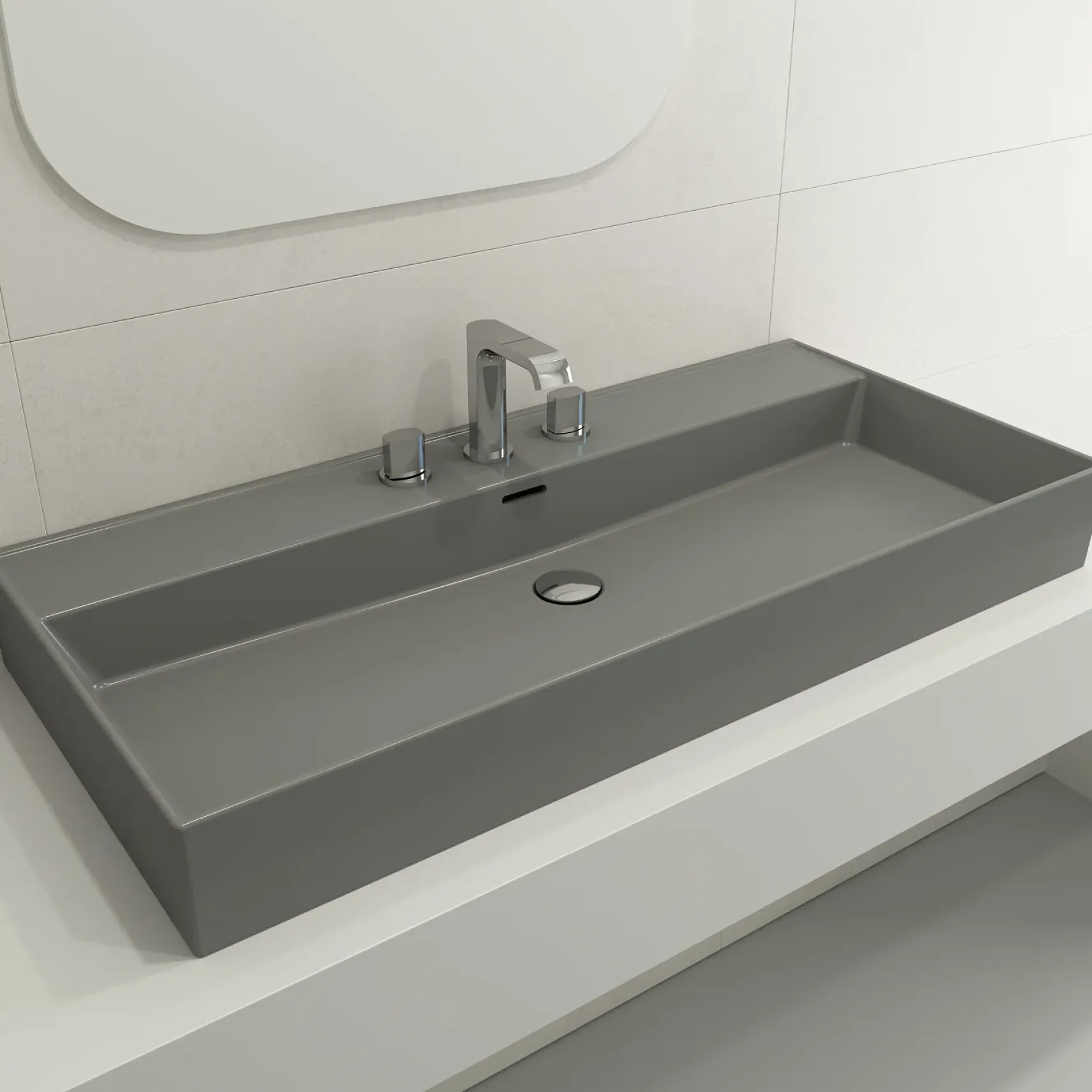 BOCCHI Milano 40" Rectangle Wallmount Fireclay Bathroom Sink, Matte Gray, 3 Faucet Hole, 1378-006-0127