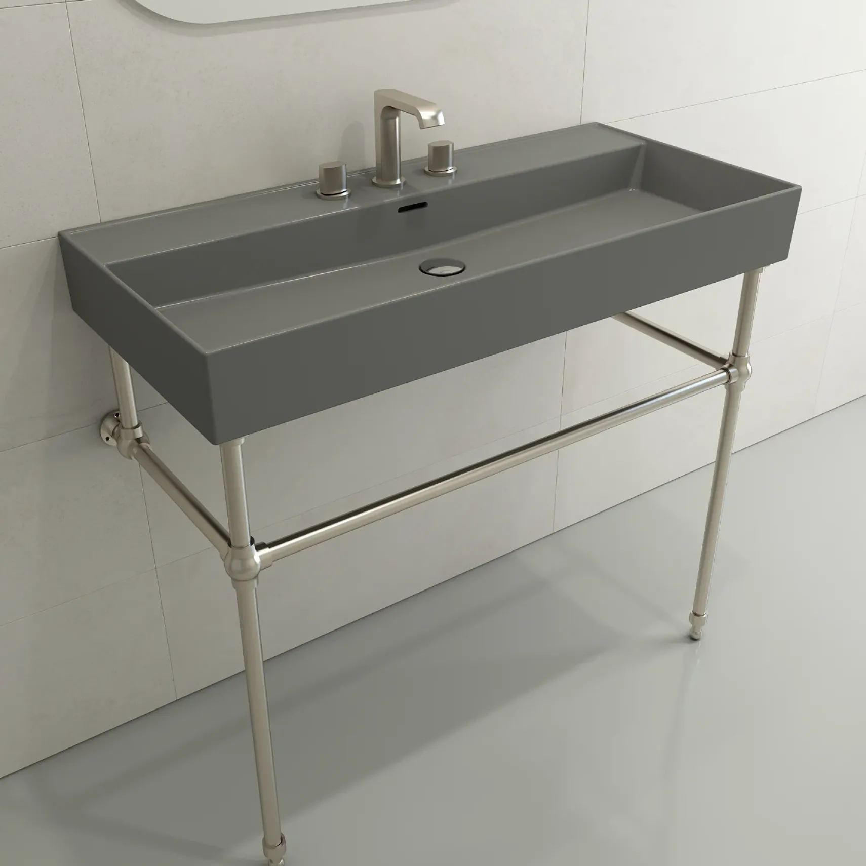 BOCCHI Milano 40" Rectangle Wallmount Fireclay Bathroom Sink, Matte Gray, 3 Faucet Hole, 1378-006-0127