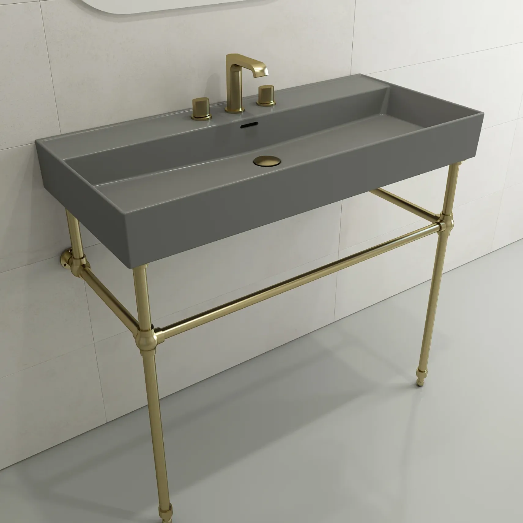 BOCCHI Milano 40" Rectangle Wallmount Fireclay Bathroom Sink, Matte Gray, 3 Faucet Hole, 1378-006-0127