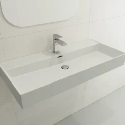 BOCCHI Milano 40" Rectangle Wallmount Fireclay Bathroom Sink, Matte White, Single Faucet Hole, 1378-002-0126