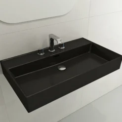 BOCCHI Milano 32" Rectangle Wallmount Fireclay Bathroom Sink, Matte Black, 3 Faucet Hole, 1377-004-0127