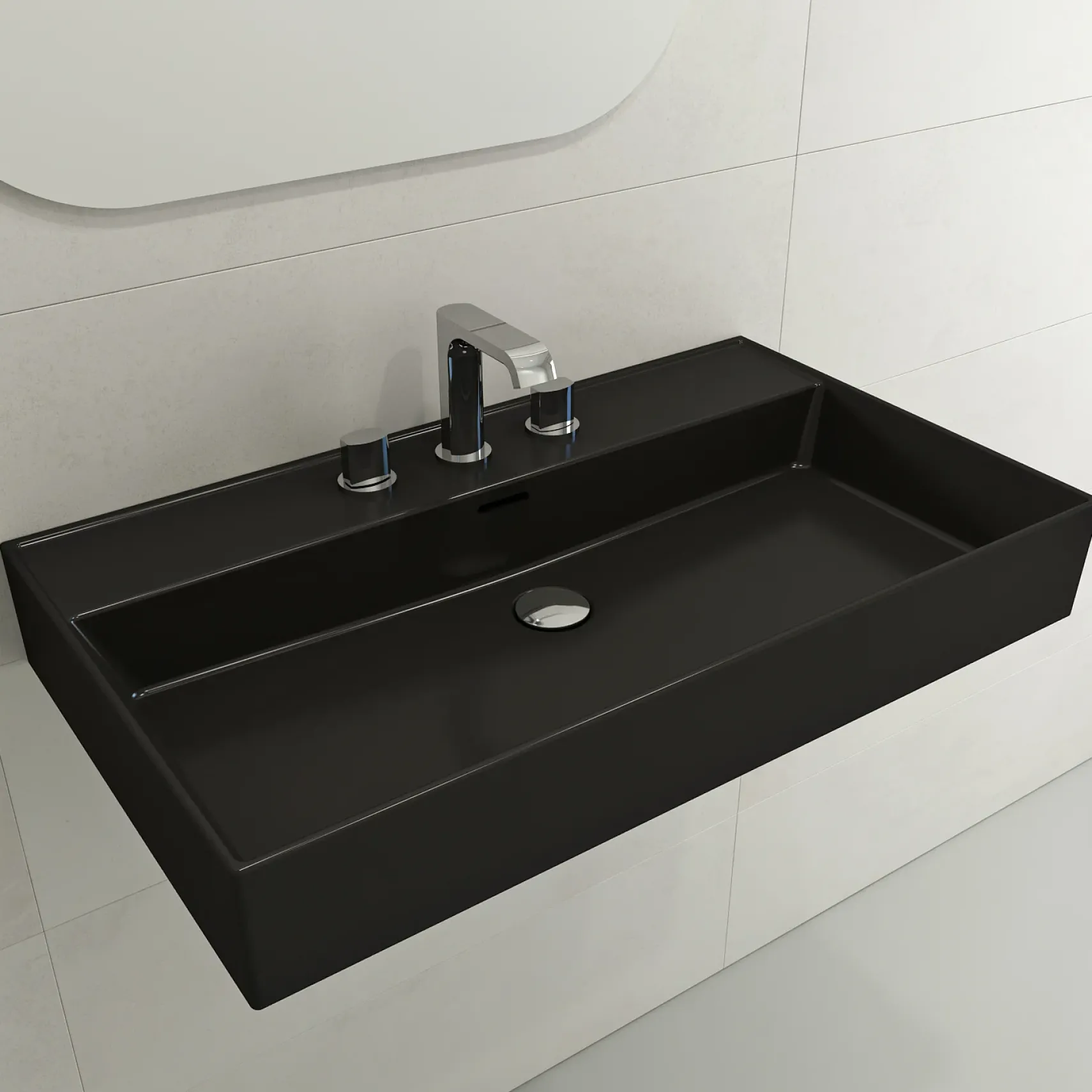BOCCHI Milano 32" Rectangle Wallmount Fireclay Bathroom Sink, Matte Black, 3 Faucet Hole, 1377-004-0127