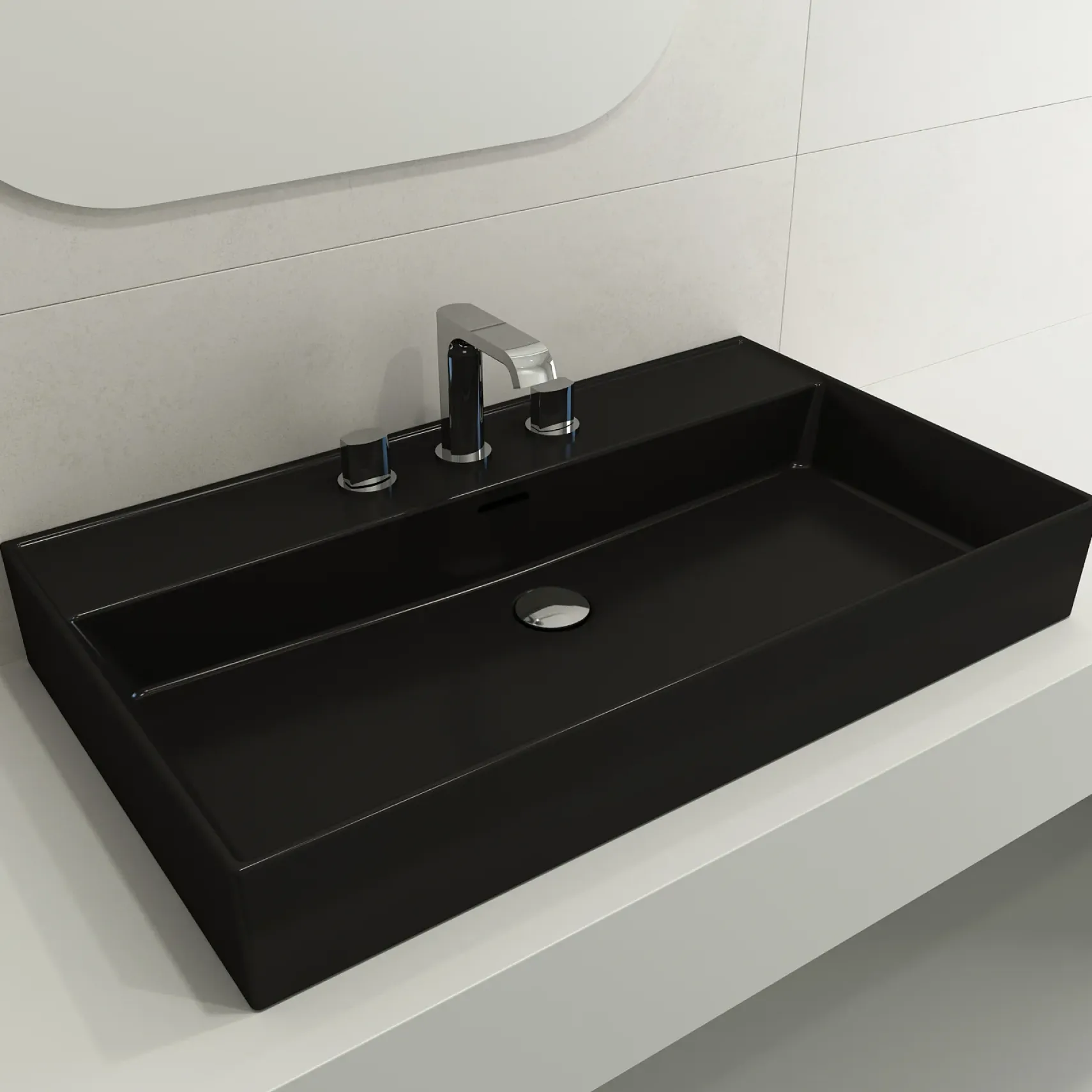BOCCHI Milano 32" Rectangle Wallmount Fireclay Bathroom Sink, Matte Black, 3 Faucet Hole, 1377-004-0127