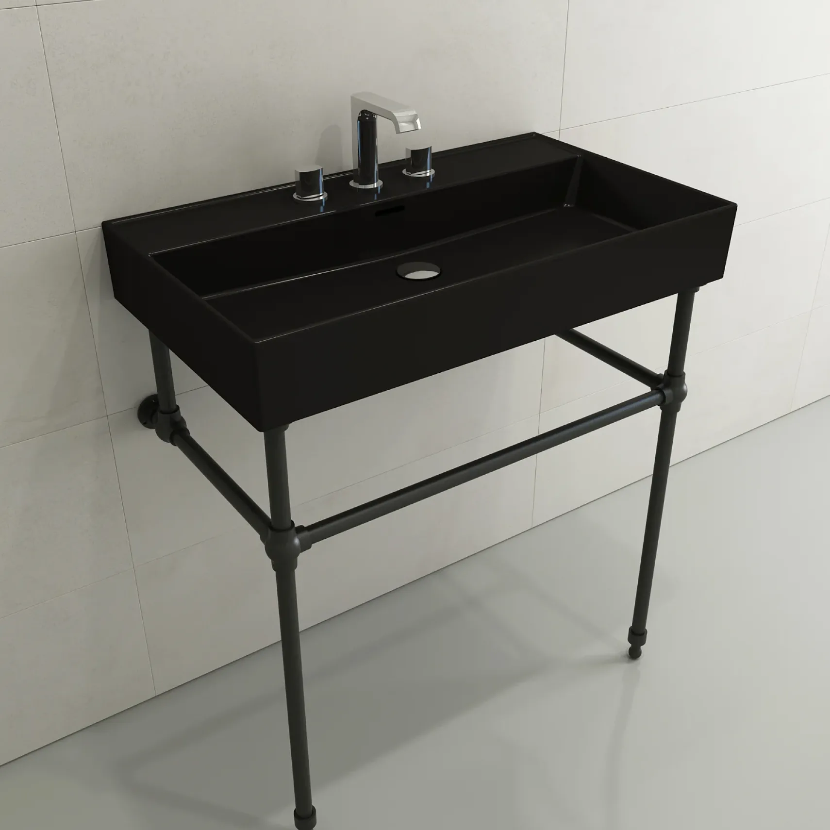 BOCCHI Milano 32" Rectangle Wallmount Fireclay Bathroom Sink, Matte Black, 3 Faucet Hole, 1377-004-0127