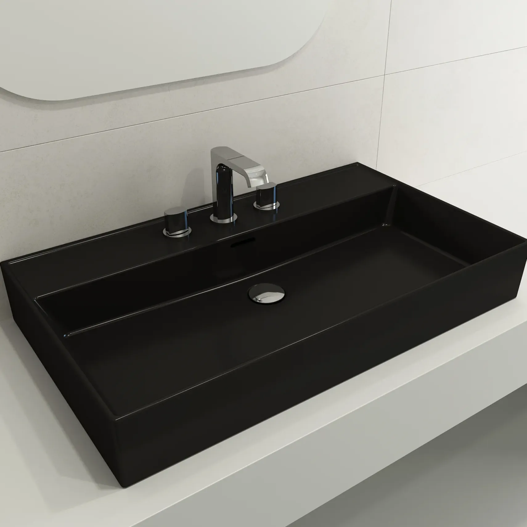 BOCCHI Milano 32" Rectangle Wallmount Fireclay Bathroom Sink, Matte Black, 3 Faucet Hole, 1377-004-0127