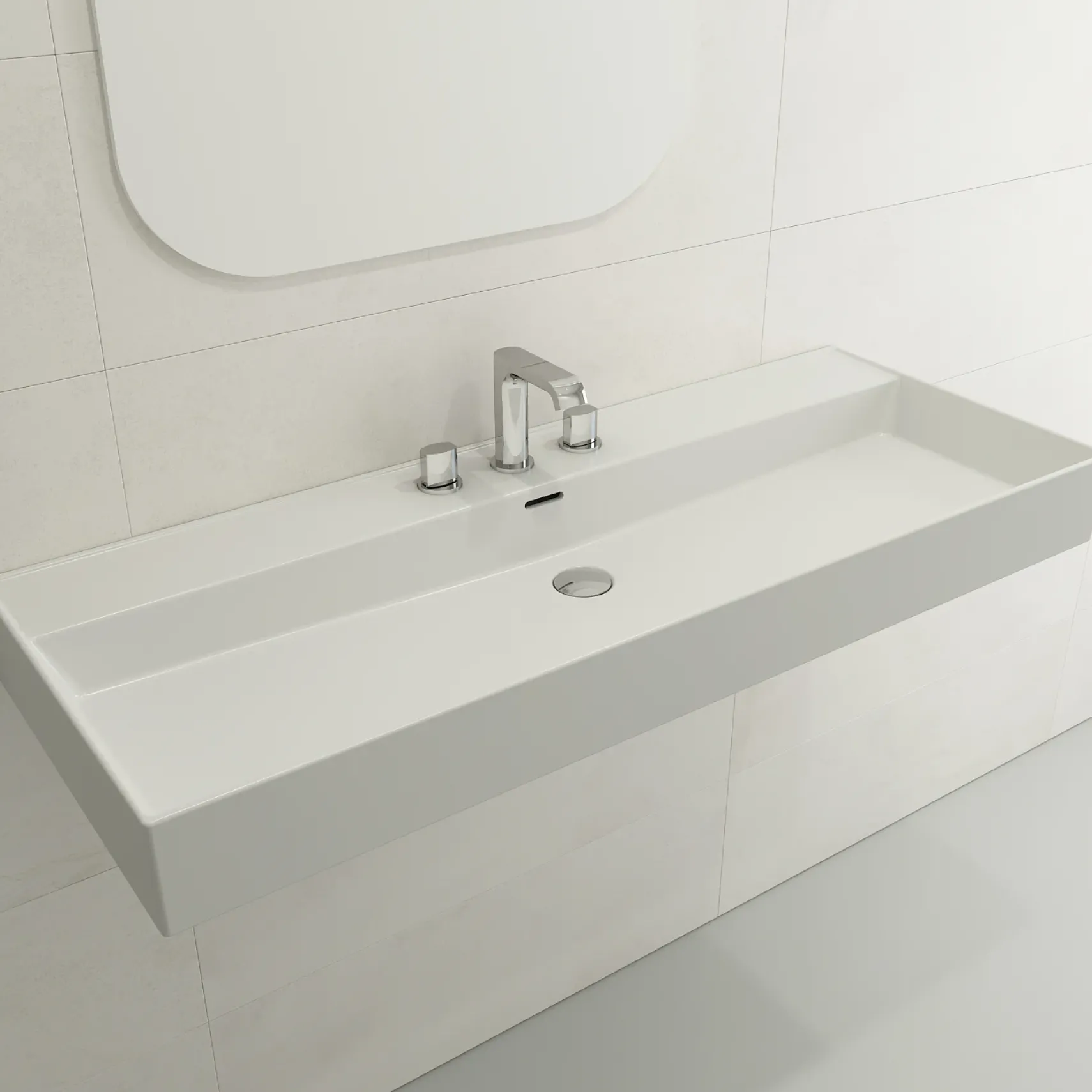 BOCCHI Milano 48" Rectangle Wallmount Fireclay Bathroom Sink, Matte White, 3 Faucet Hole, 1394-002-0127