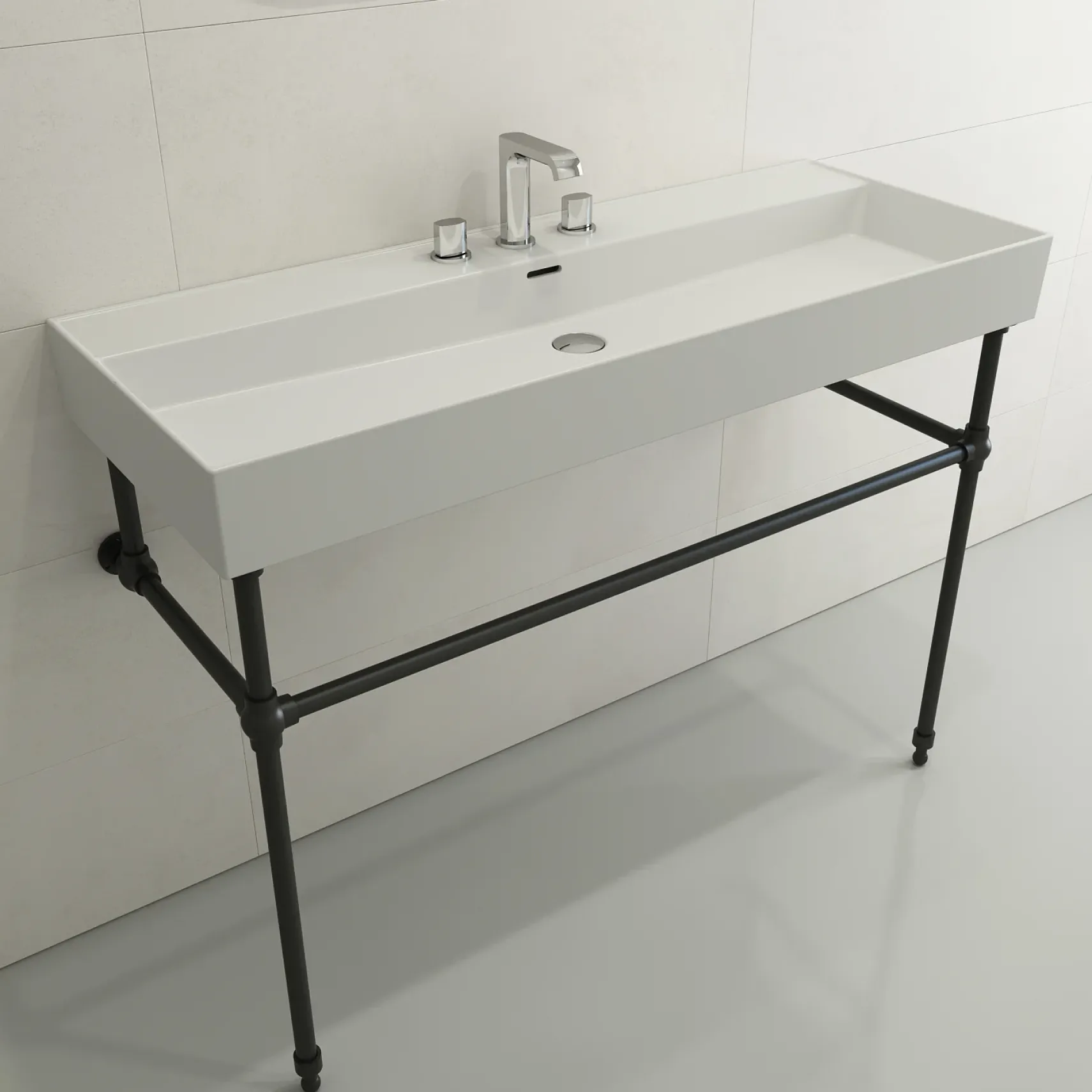 BOCCHI Milano 48" Rectangle Wallmount Fireclay Bathroom Sink, Matte White, 3 Faucet Hole, 1394-002-0127