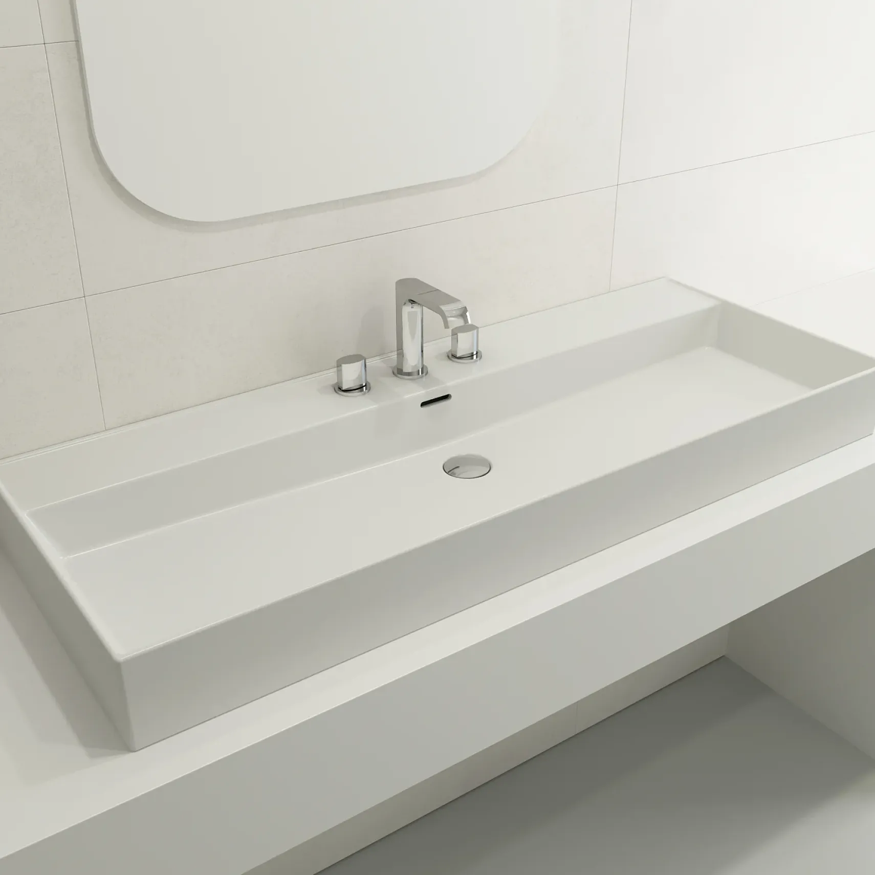 BOCCHI Milano 48" Rectangle Wallmount Fireclay Bathroom Sink, Matte White, 3 Faucet Hole, 1394-002-0127