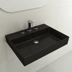 BOCCHI Milano 24" Rectangle Wallmount Fireclay Bathroom Sink, Matte Black, 3 Faucet Hole, 1376-004-0127