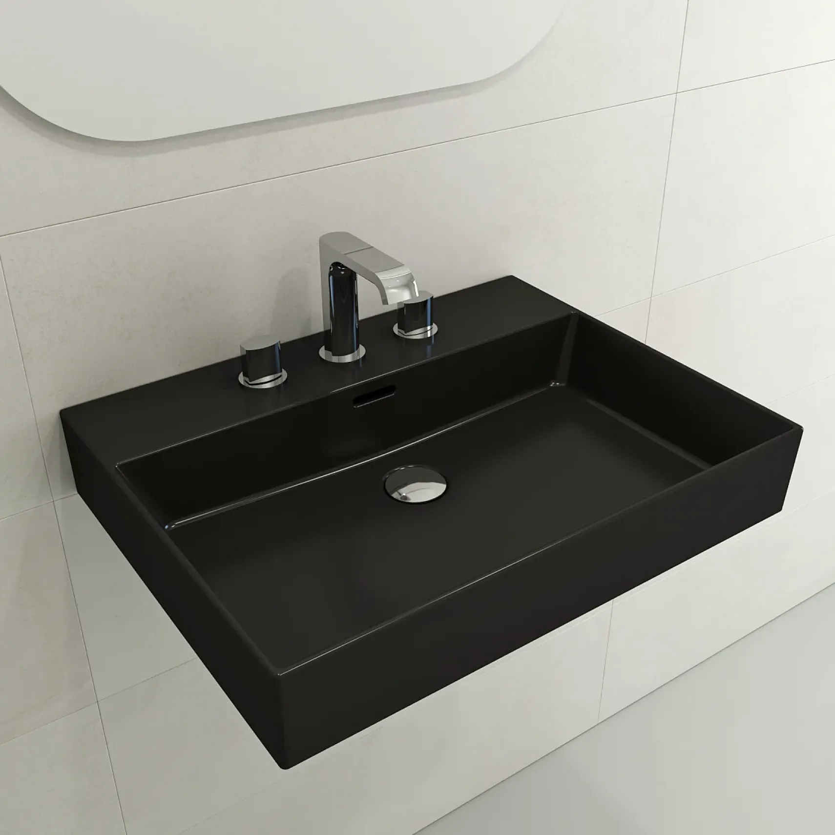 BOCCHI Milano 24" Rectangle Wallmount Fireclay Bathroom Sink, Matte Black, 3 Faucet Hole, 1376-004-0127