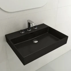 BOCCHI Milano 24" Rectangle Wallmount Fireclay Bathroom Sink, Matte Black, 3 Faucet Hole, 1376-004-0127