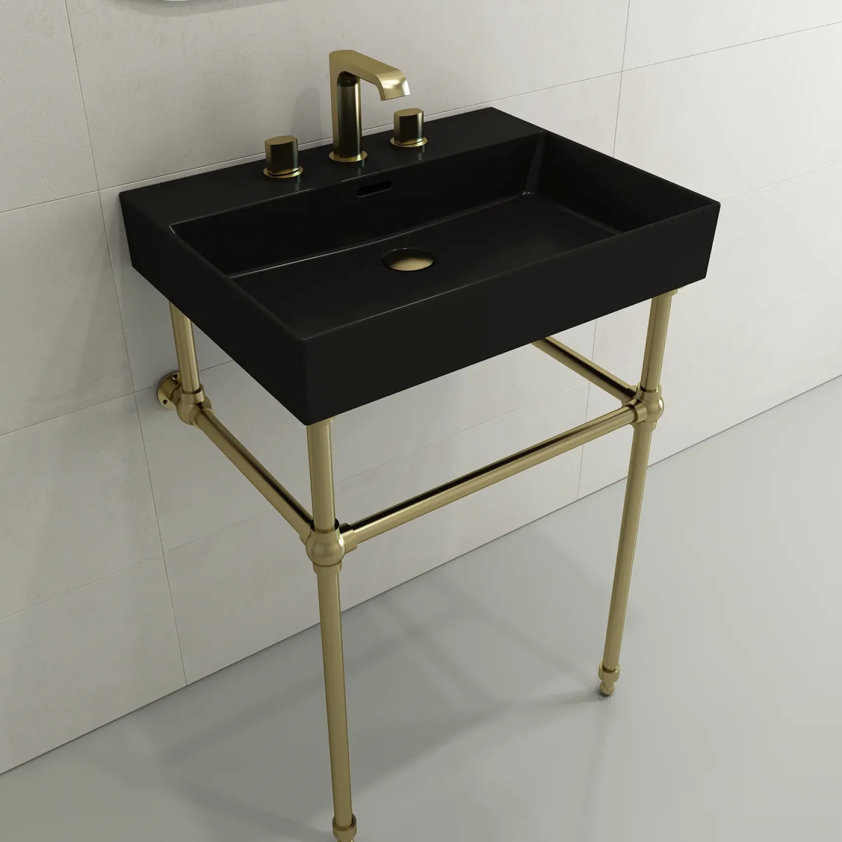 BOCCHI Milano 24" Rectangle Wallmount Fireclay Bathroom Sink, Matte Black, 3 Faucet Hole, 1376-004-0127