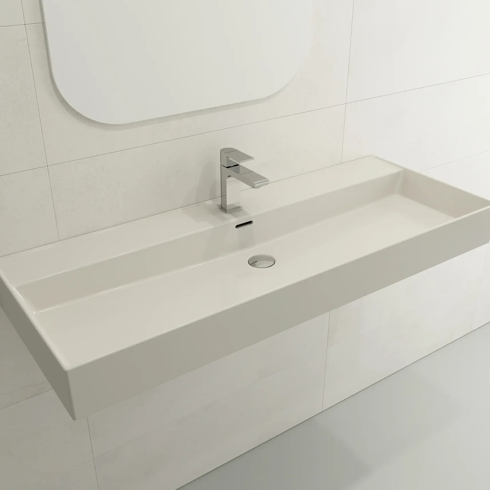 BOCCHI Milano 48" Rectangle Wallmount Fireclay Bathroom Sink, Biscuit, Single Faucet Hole, 1394-014-0126