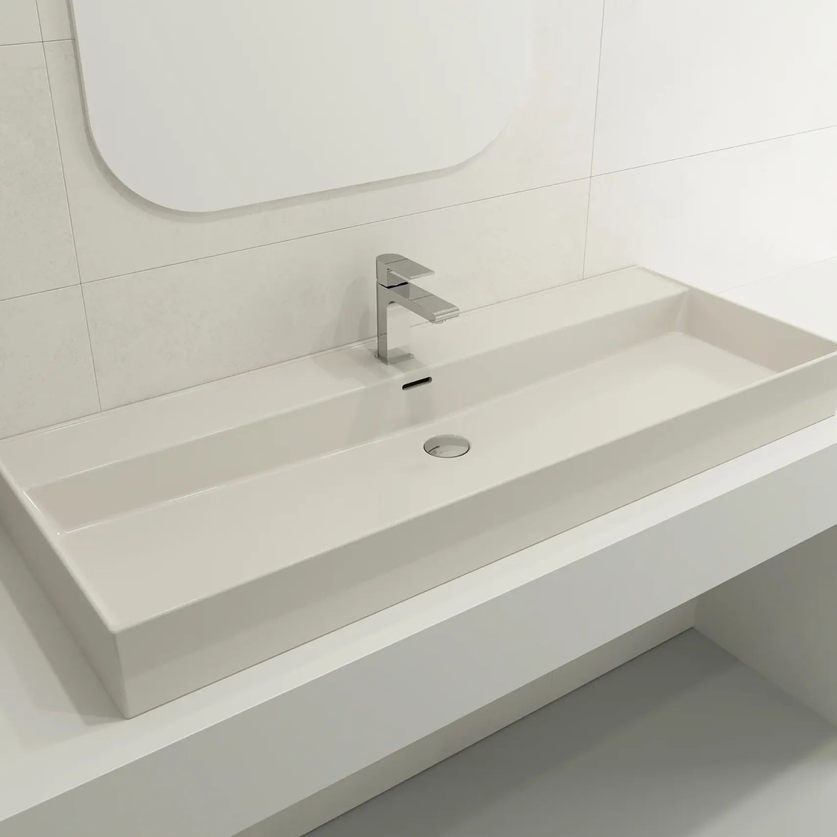 BOCCHI Milano 48" Rectangle Wallmount Fireclay Bathroom Sink, Biscuit, Single Faucet Hole, 1394-014-0126