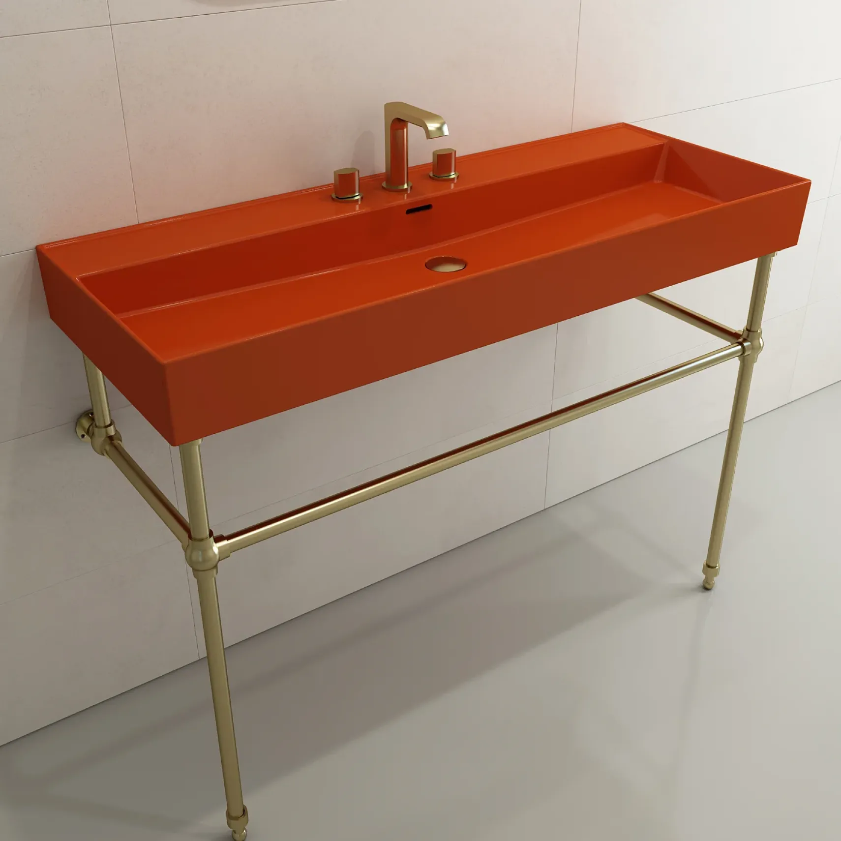 BOCCHI Milano 48" Rectangle Wallmount Fireclay Bathroom Sink, Orange, 3 Faucet Hole, 1394-012-0127