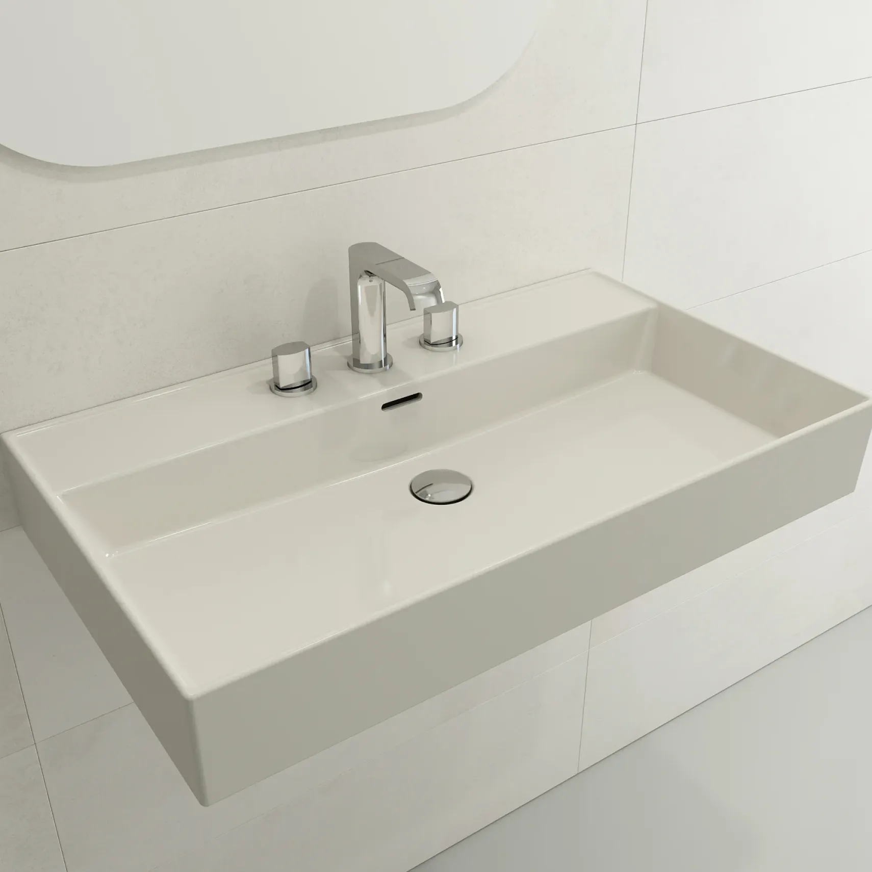 BOCCHI Milano 32" Rectangle Wallmount Fireclay Bathroom Sink, Biscuit, 3 Faucet Hole, 1377-014-0127