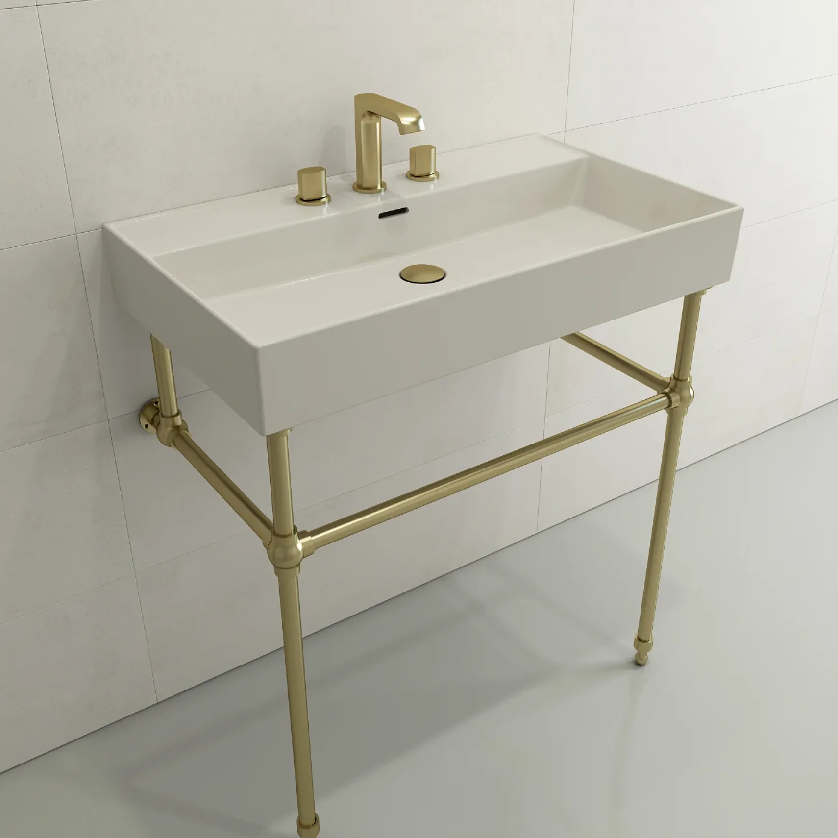 BOCCHI Milano 32" Rectangle Wallmount Fireclay Bathroom Sink, Biscuit, 3 Faucet Hole, 1377-014-0127
