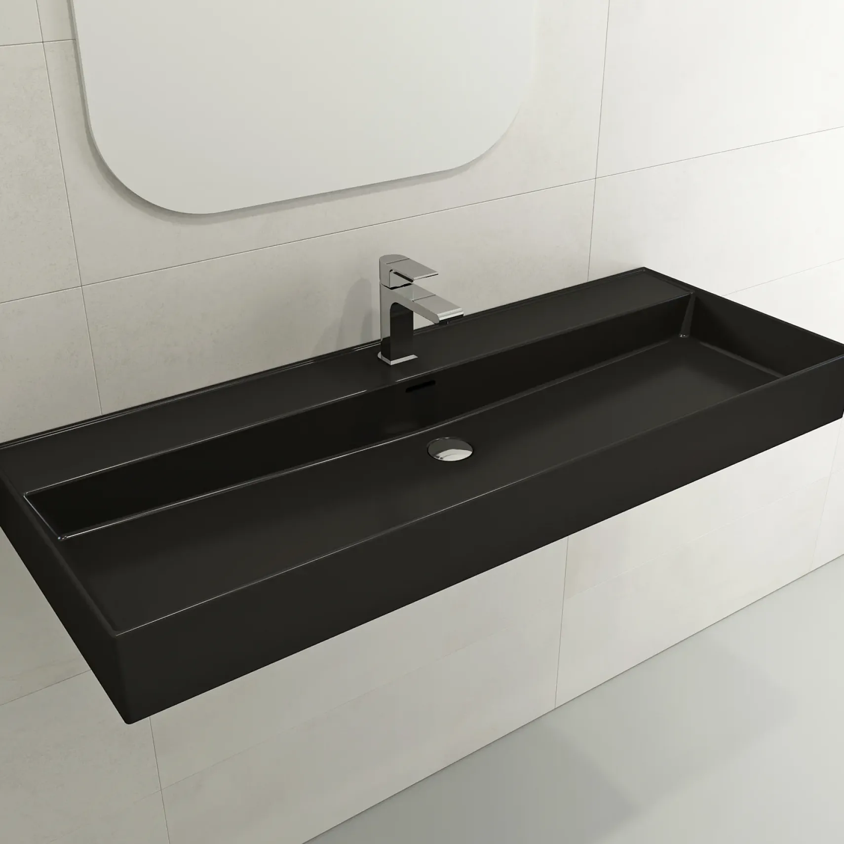 BOCCHI Milano 48" Rectangle Wallmount Fireclay Bathroom Sink, Matte Black, Single Faucet Hole, 1394-004-0126