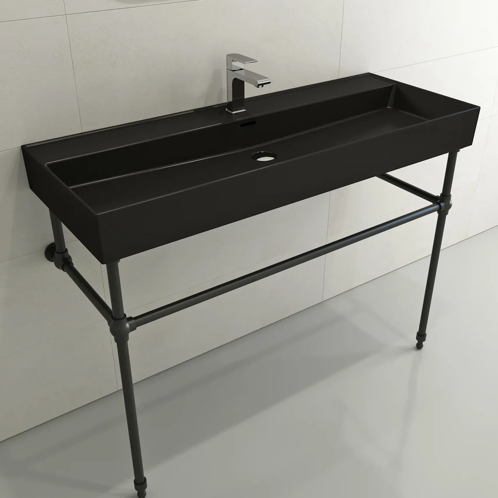BOCCHI Milano 48" Rectangle Wallmount Fireclay Bathroom Sink, Matte Black, Single Faucet Hole, 1394-004-0126