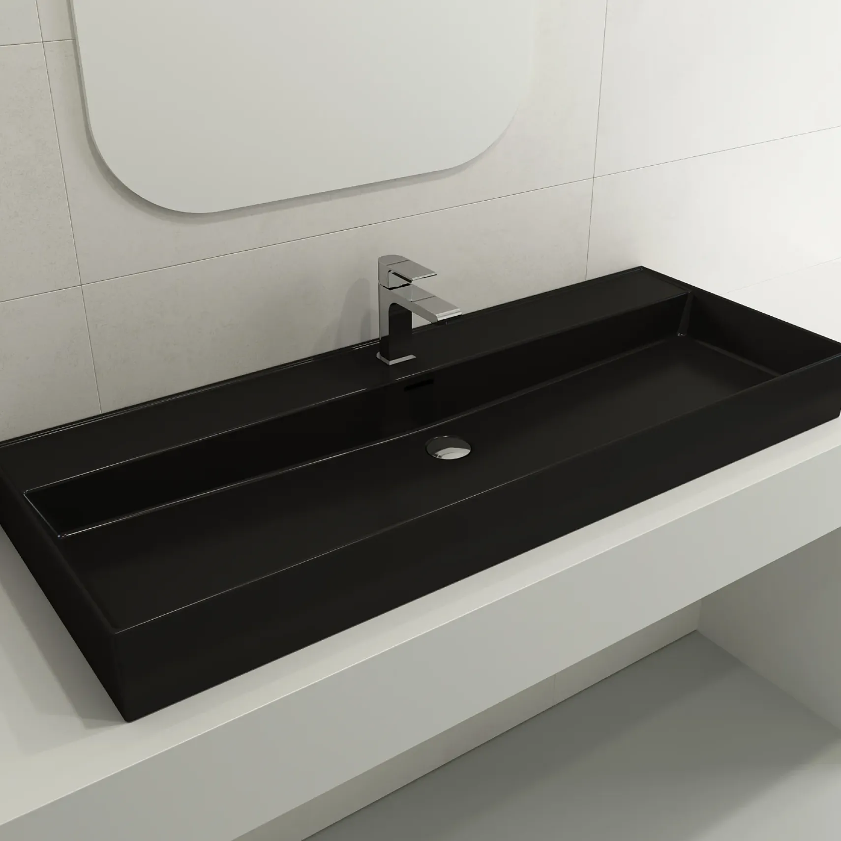 BOCCHI Milano 48" Rectangle Wallmount Fireclay Bathroom Sink, Matte Black, Single Faucet Hole, 1394-004-0126