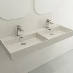 BOCCHI Milano 48" Rectangle Wallmount Fireclay Bathroom Sink, Double Basin, Biscuit, Single Faucet Hole, 1393-014-0132