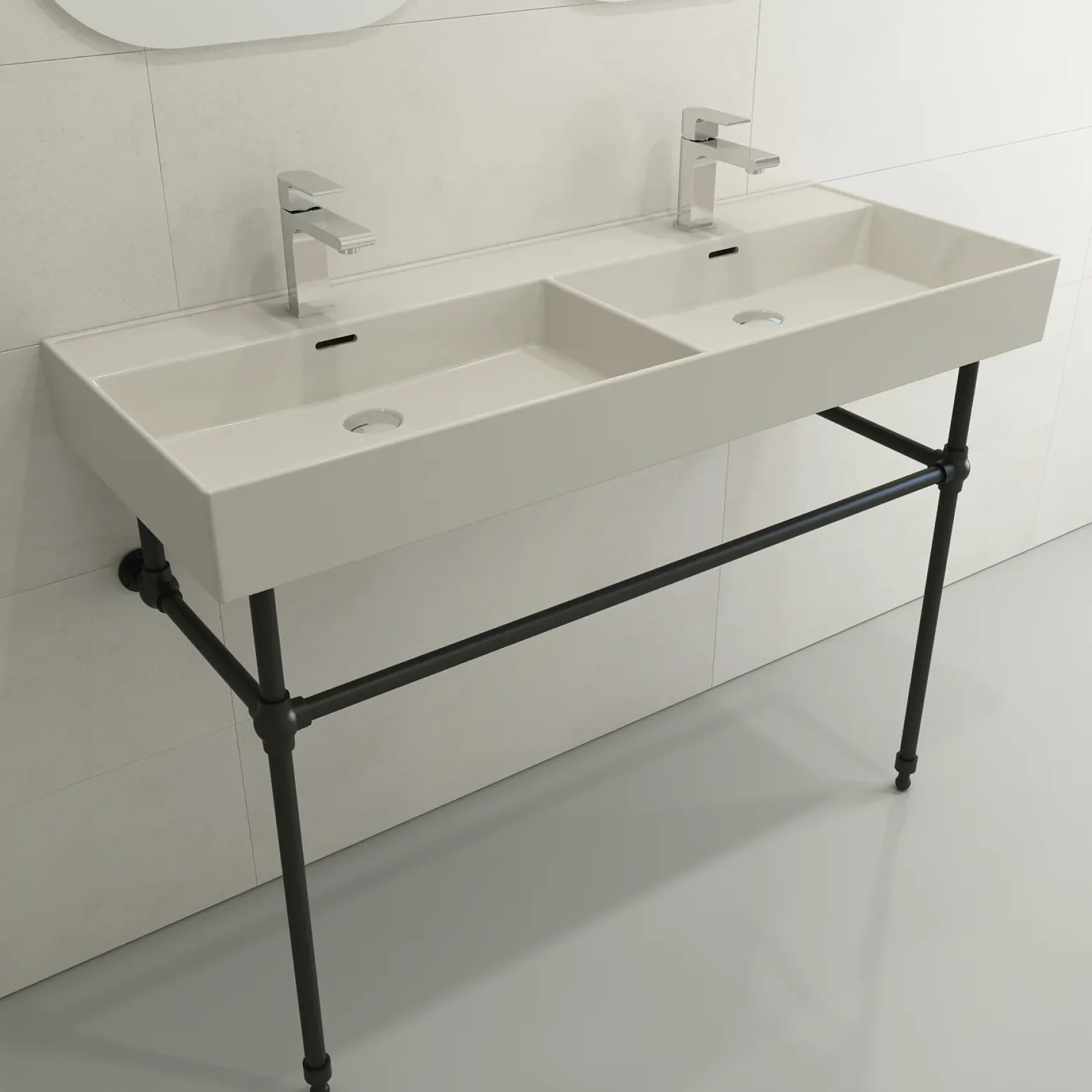 BOCCHI Milano 48" Rectangle Wallmount Fireclay Bathroom Sink, Double Basin, Biscuit, Single Faucet Hole, 1393-014-0132