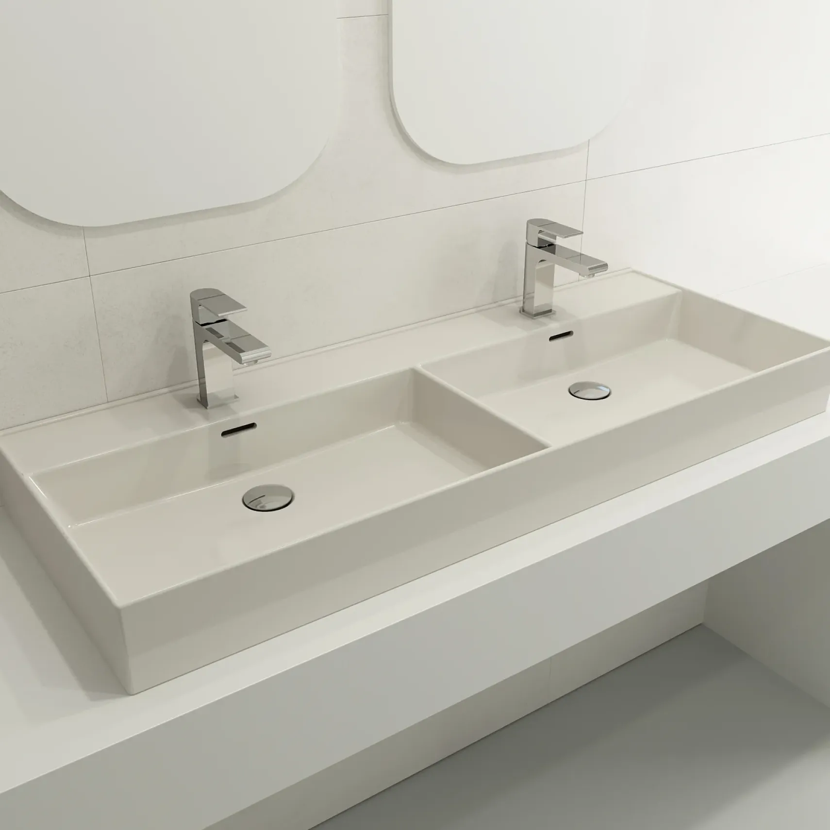 BOCCHI Milano 48" Rectangle Wallmount Fireclay Bathroom Sink, Double Basin, Biscuit, Single Faucet Hole, 1393-014-0132