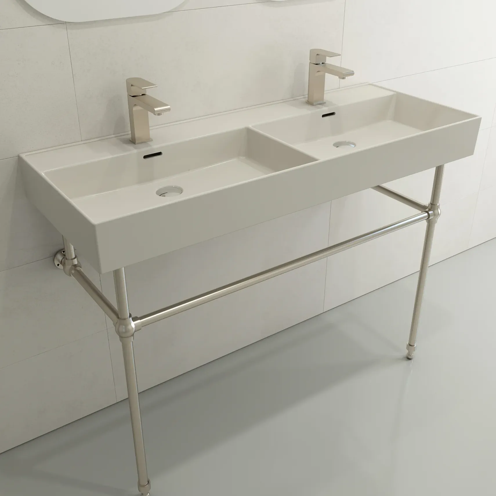 BOCCHI Milano 48" Rectangle Wallmount Fireclay Bathroom Sink, Double Basin, Biscuit, Single Faucet Hole, 1393-014-0132