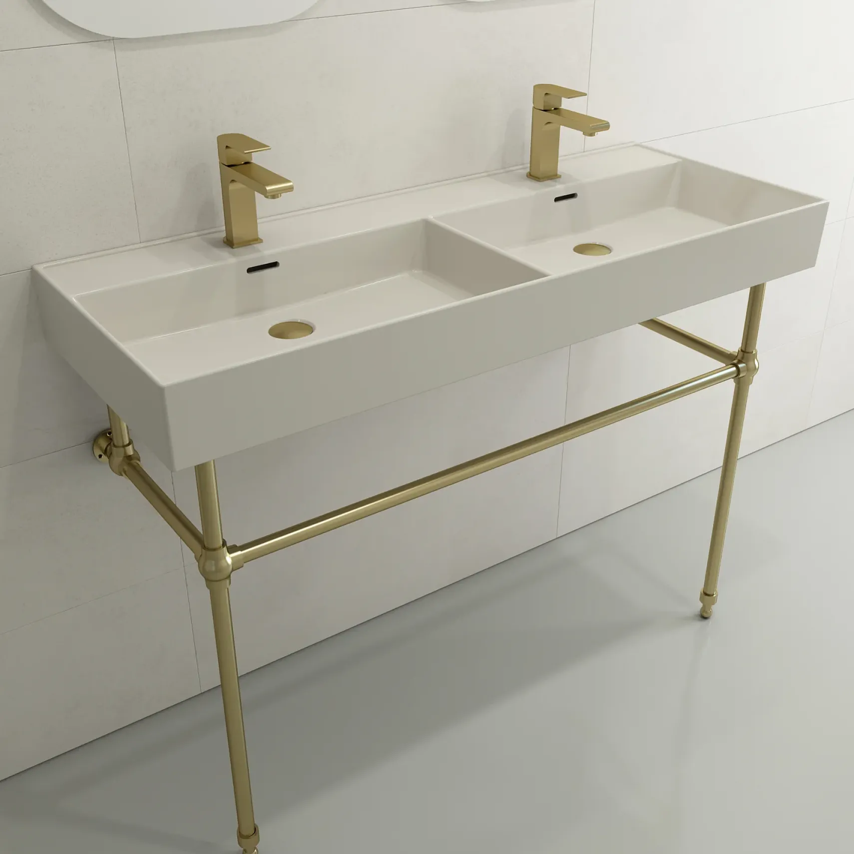 BOCCHI Milano 48" Rectangle Wallmount Fireclay Bathroom Sink, Double Basin, Biscuit, Single Faucet Hole, 1393-014-0132