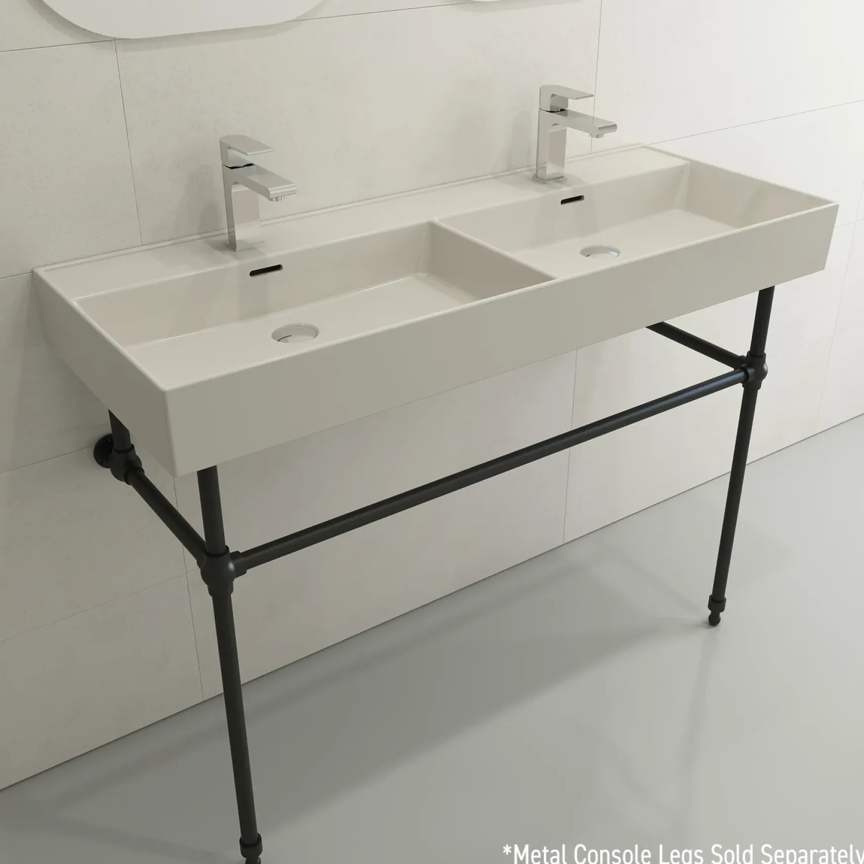 BOCCHI Milano 48" Rectangle Wallmount Fireclay Bathroom Sink, Double Basin, Biscuit, Single Faucet Hole, 1393-014-0132
