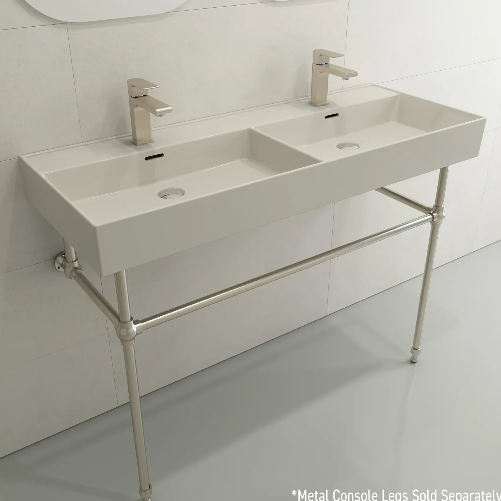 BOCCHI Milano 48" Rectangle Wallmount Fireclay Bathroom Sink, Double Basin, Biscuit, Single Faucet Hole, 1393-014-0132